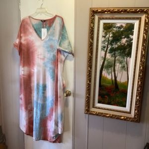 BloomChic Tie Dye Cuff Sleeve V~Neck Rounded Hem Pockets Soft Knit Dress 26